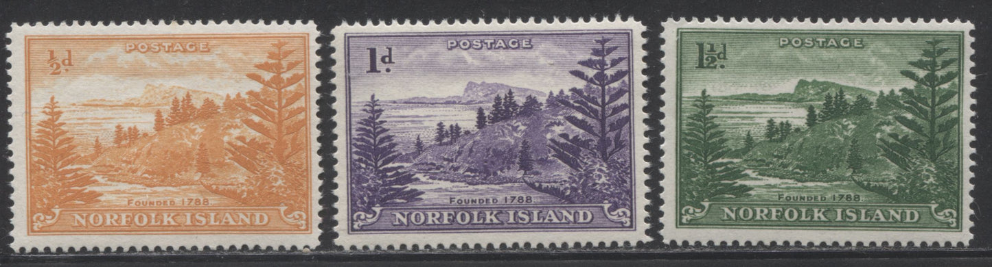 Lot 457 Norfolk Island #1-3 (SG1a-3a) 1/2d Orange - 1.5d Green, 1947-1959 Ball Bay Definitive Issue, F-VF NH Mint Examples of the White Paper Printings