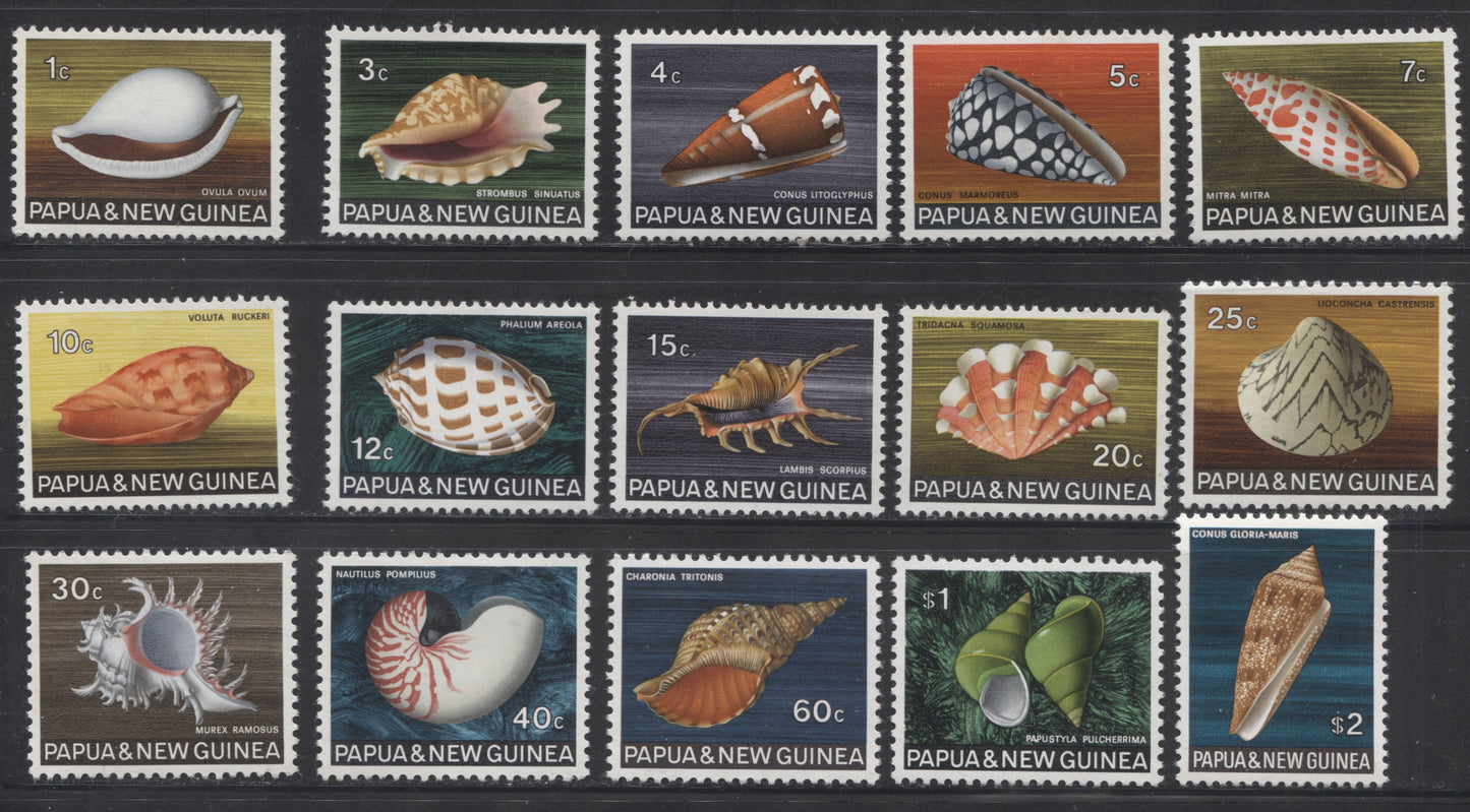 Lot 466 Papua New Guinea #265-279 1c - $2 1968-1969 Seashell Definitives, A Complete VFNH Set