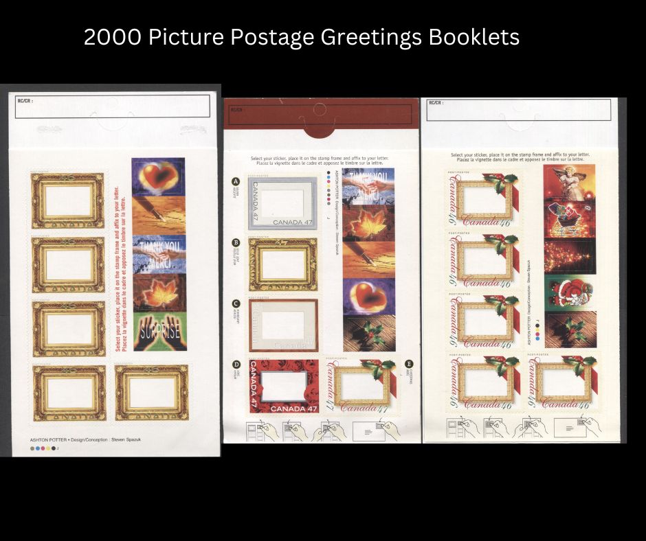 Lot 412 Canada #1853a, 1872a, 1882i 46c-47c Multicolored Picture Postage, 2000 Commemoratives, 3 VFNH Booklets Of 5 + 5 Labels On DF, LF & MF Panes, All Open Covers