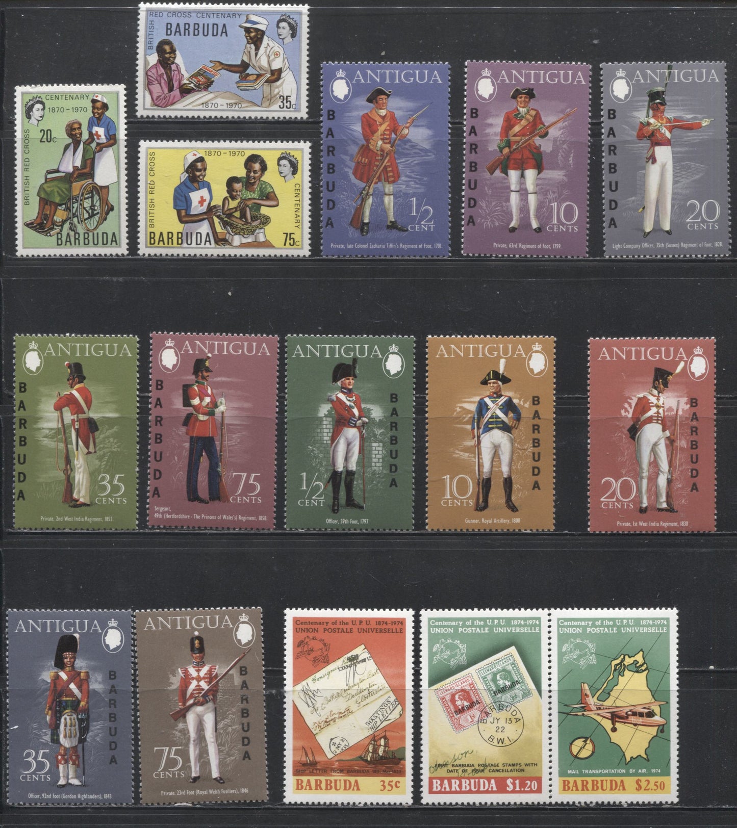 Barbuda SC#29/146 1968-1974 Commemoratives, a Mostly Complete VFNH Group of Thirteen Sets