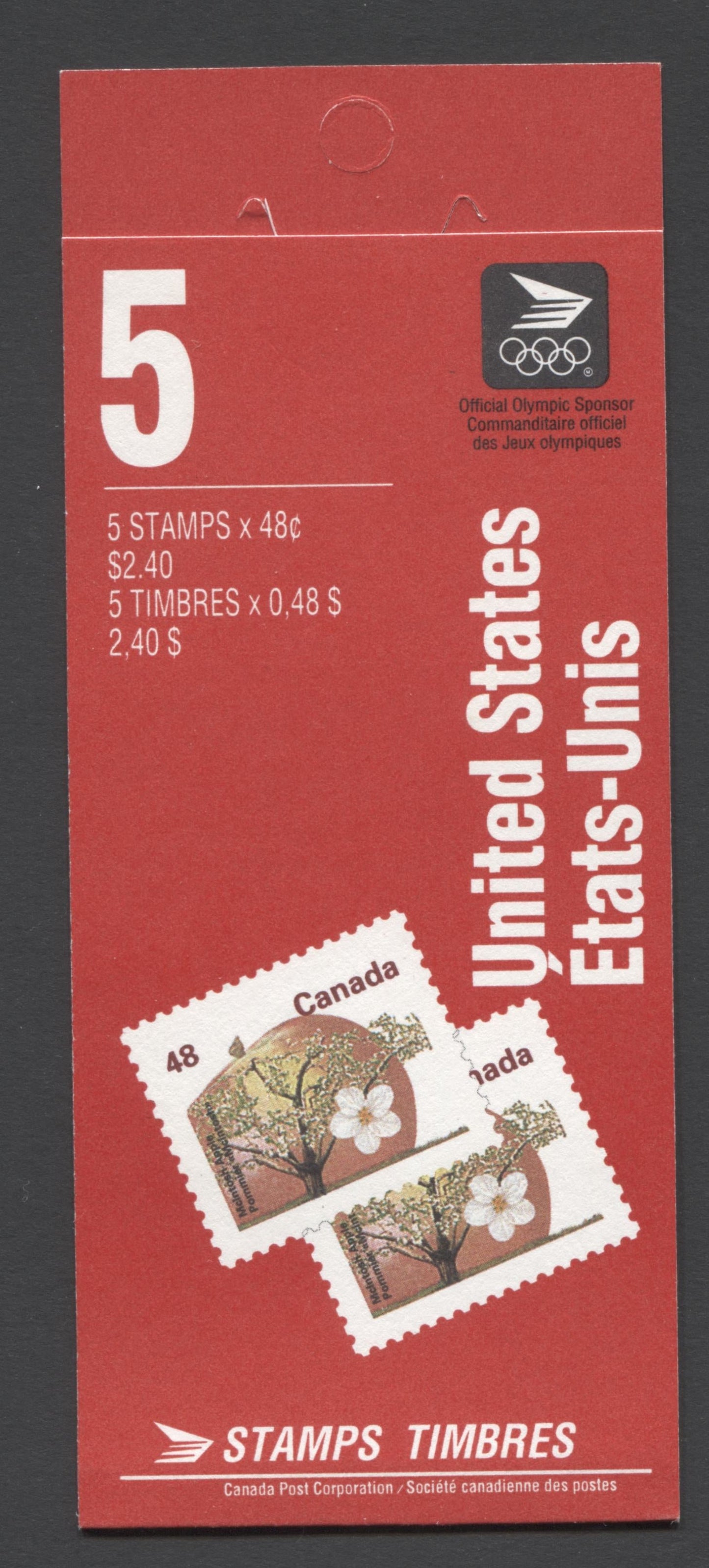 Canada #BK142a-c 1991-1998 Fruit and Flag Definitive Issue, Complete $2.40 Booklet, Coated Papers Paper, Dead Paper, 4 mm GT-4 Tagging