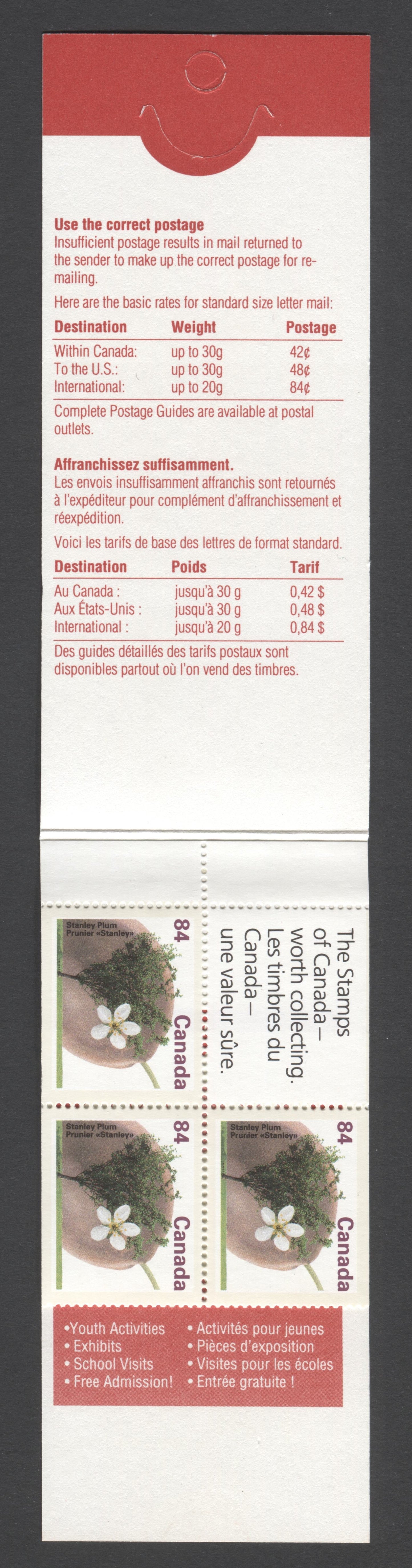 Canada #BK143a-c 1991-1998 Fruit and Flag Definitive Issue, Complete $4.20 Booklet, Coated Papers Paper, Dead Paper, 4 mm GT-4 Tagging