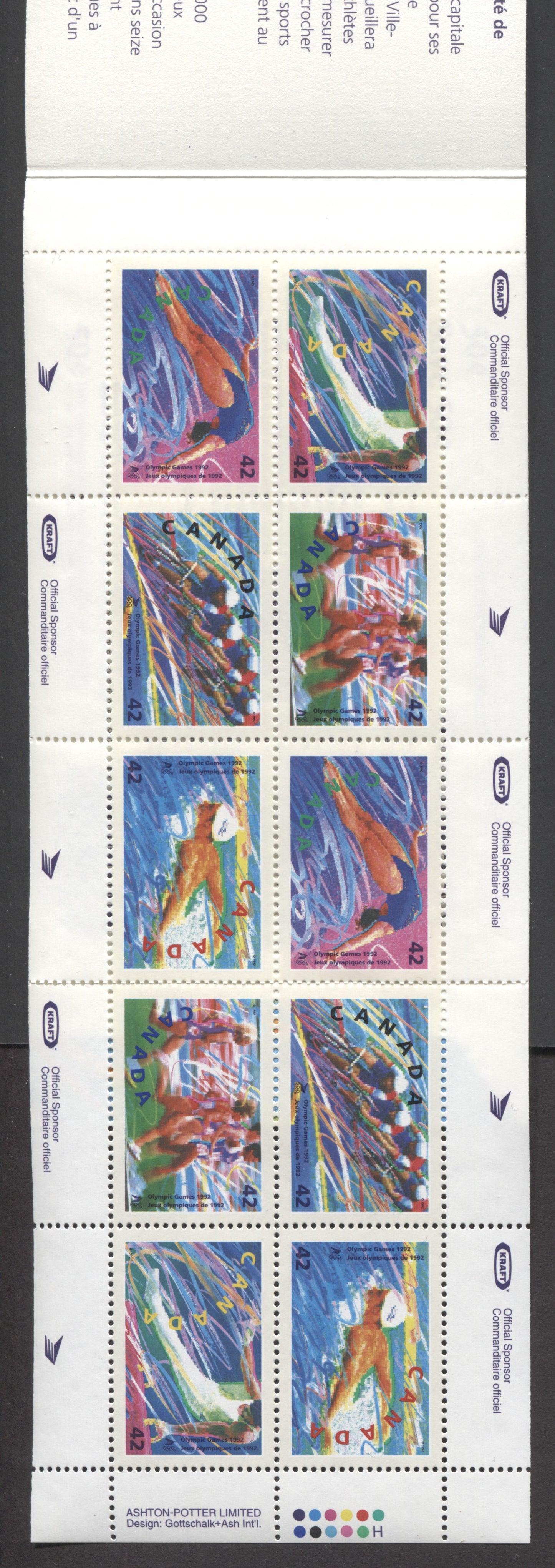 Canada #BK146a-d 1992 Summer Olympics Issue, Complete $4.20  Booklet, Harrison Paper, Dead Paper, 4 mm GT-4 Tagging