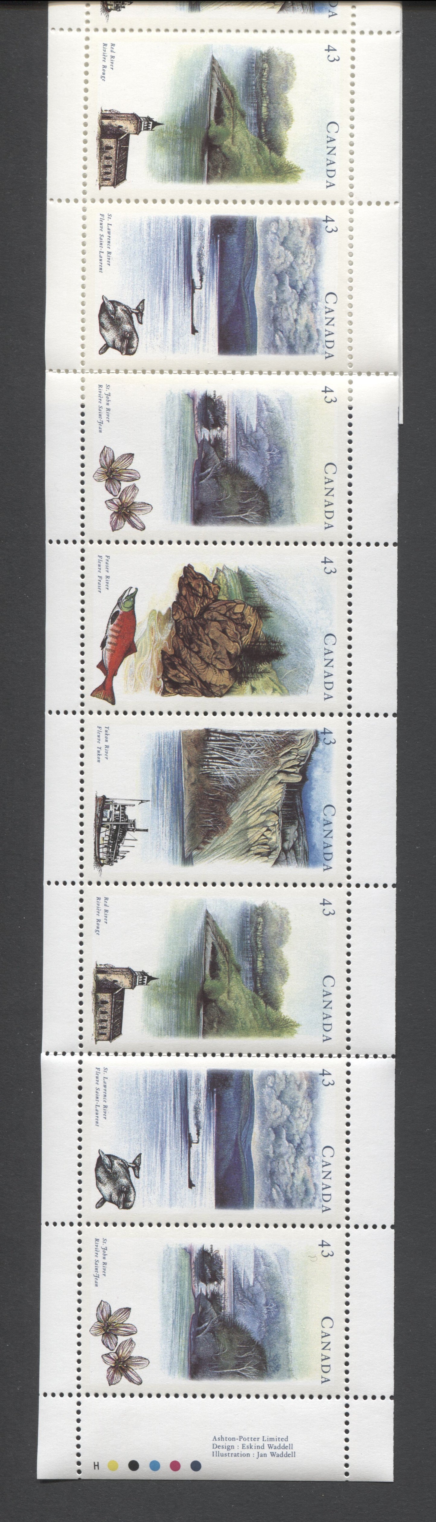Canada #BK161a-b 1993 Heritage Rivers Issue, Complete $4.30  Booklet, Harrison Paper, Dead Paper, 4 mm GT-4 Tagging