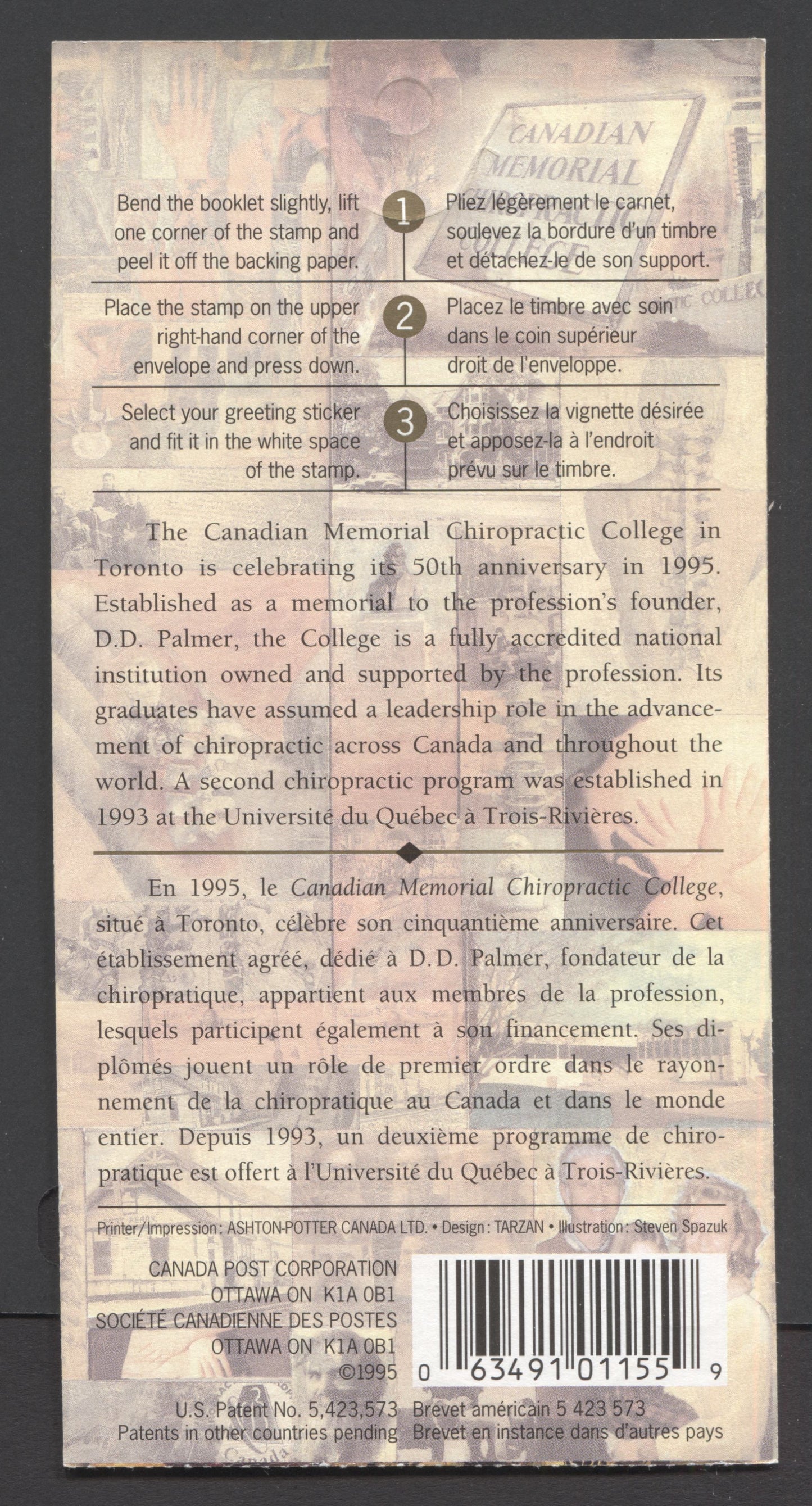 Canada #BK183a-b 1995 Chiropractic Greetings Issue, Complete $4.50 Booklet, Coated Papers Paper, Dead Paper, 4 mm Tagged to Shape