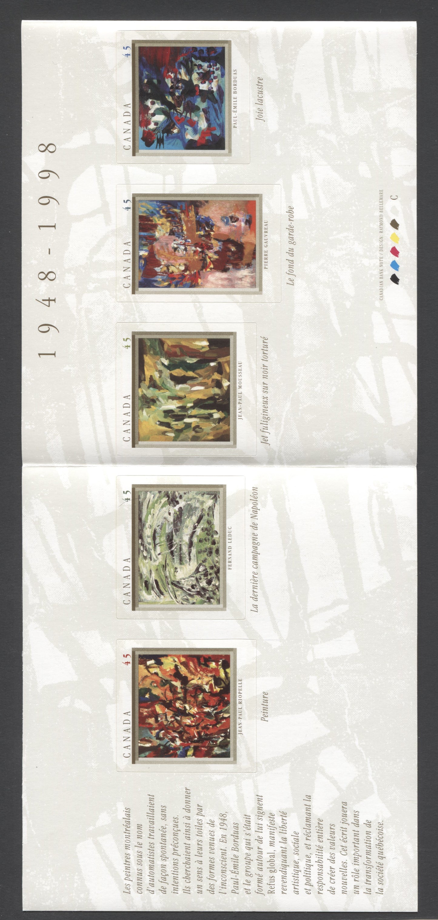 Canada #BK209a 1998 The Automatistes Issue, Complete $3.15 Booklet, Tullis Russell Coatings Paper, Dead Paper, 4 mm GT-4 Tagging