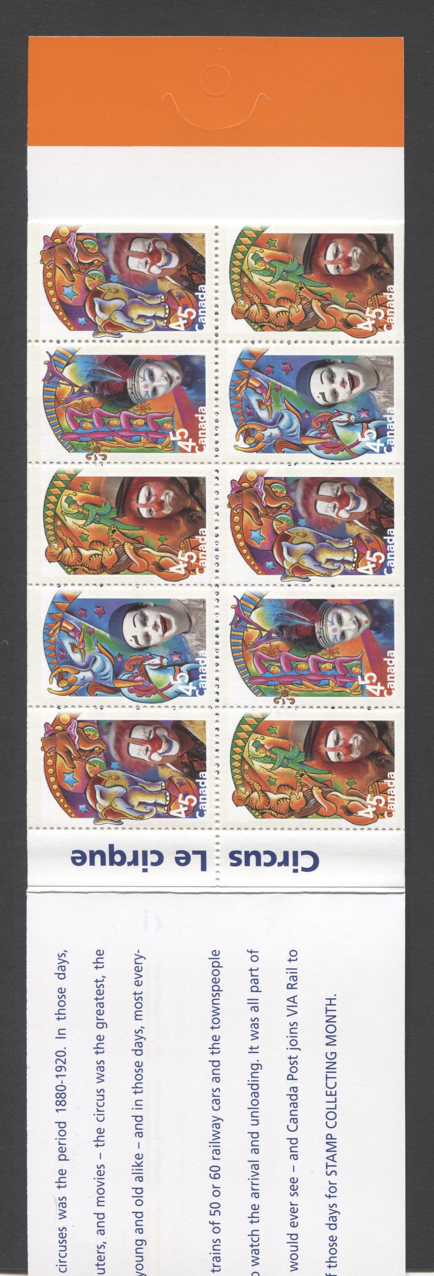 Canada #BK210a-b 1998 The Circus Issue, Complete $5.40 Booklet, Tullis Russell Coatings Paper, Dead Paper, 4 mm GT-4 Tagging