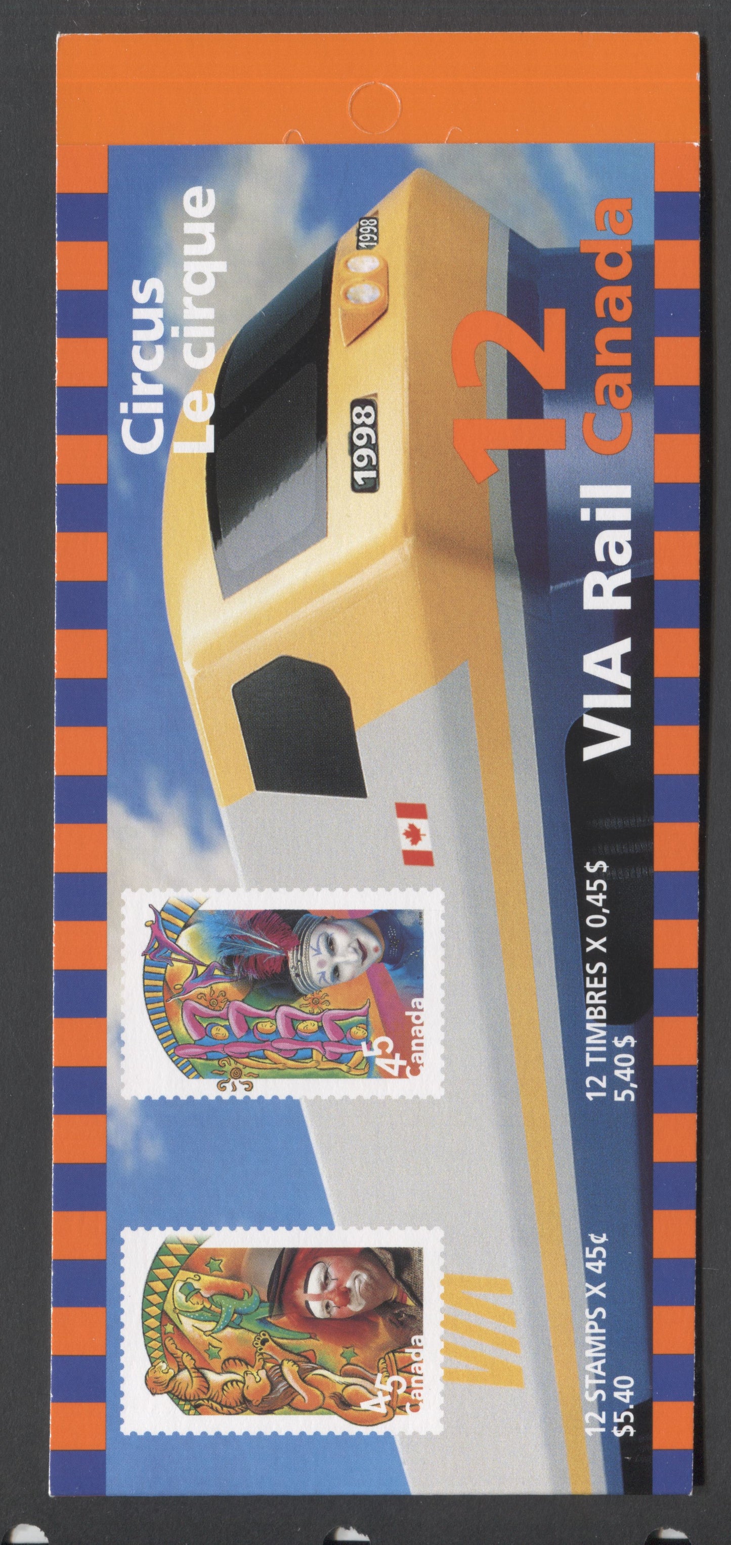 Canada #BK210a-b 1998 The Circus Issue, Complete $5.40 Booklet, Tullis Russell Coatings Paper, Dead Paper, 4 mm GT-4 Tagging