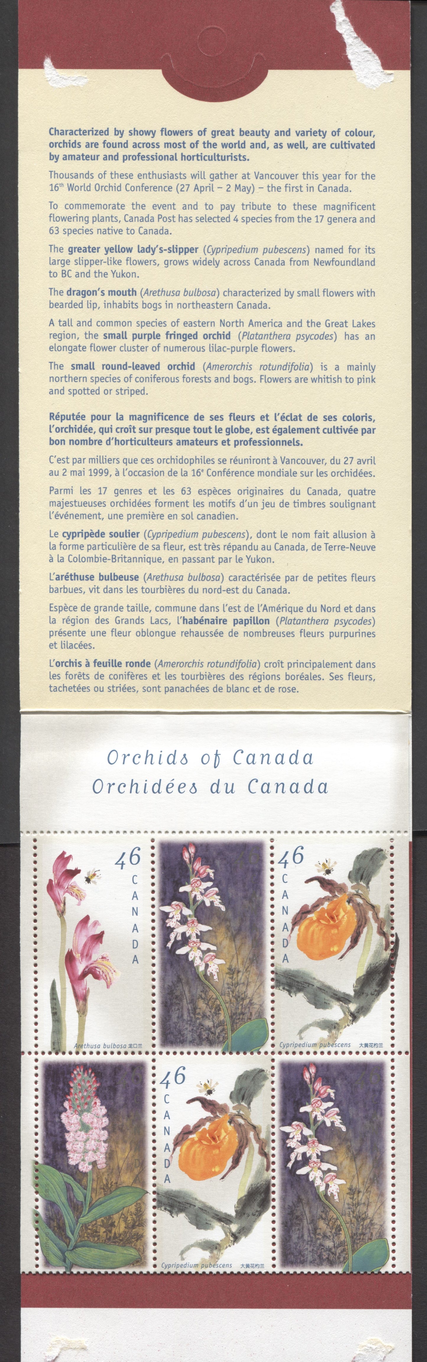 Canada #BK219a-b 1999 Orchids Issue, Complete $5.52 Booklet, Tullis Russell Coatings Paper, Dead Paper, 4 mm GT-4 Tagging