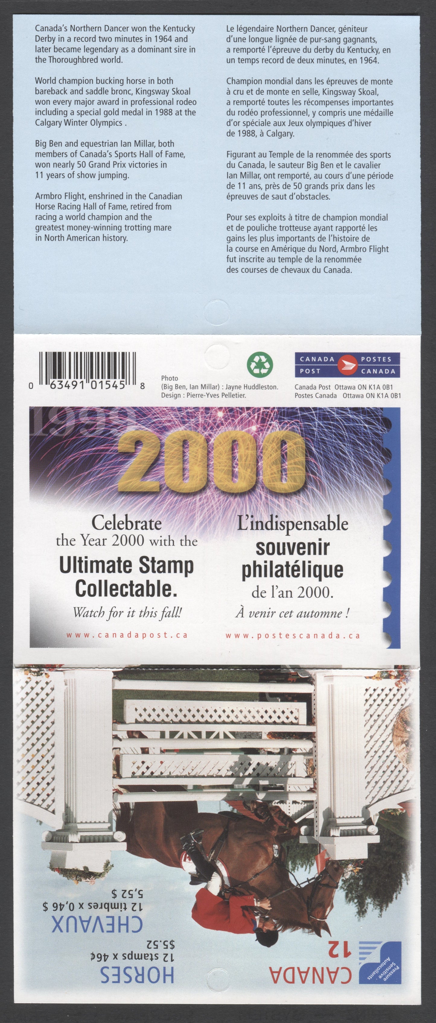 Canada #BK220a-b 1999 Horses Issue, Complete $5.52 Booklet, JAC Paper, Dead Paper, 4 mm GT-4 Tagging