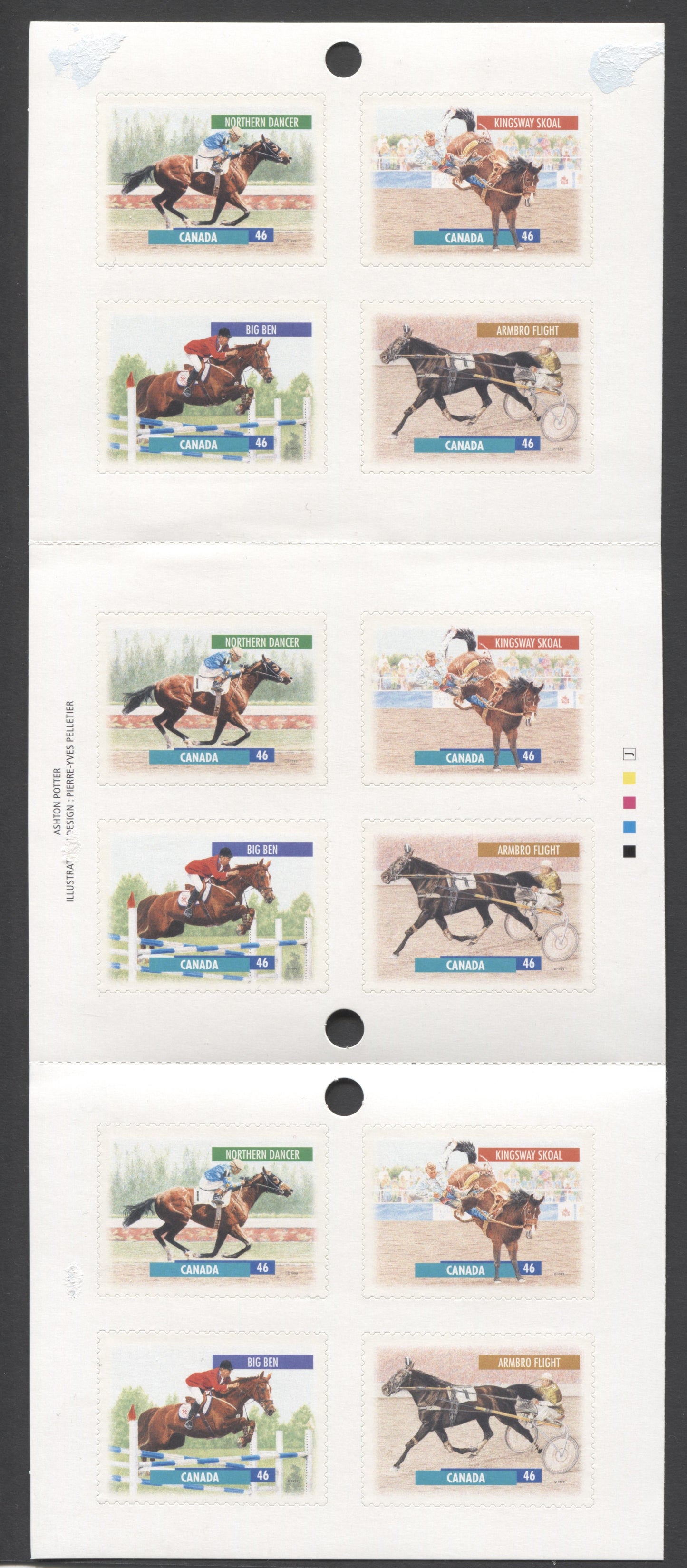Canada #BK220a-b 1999 Horses Issue, Complete $5.52 Booklet, JAC Paper, Dead Paper, 4 mm GT-4 Tagging