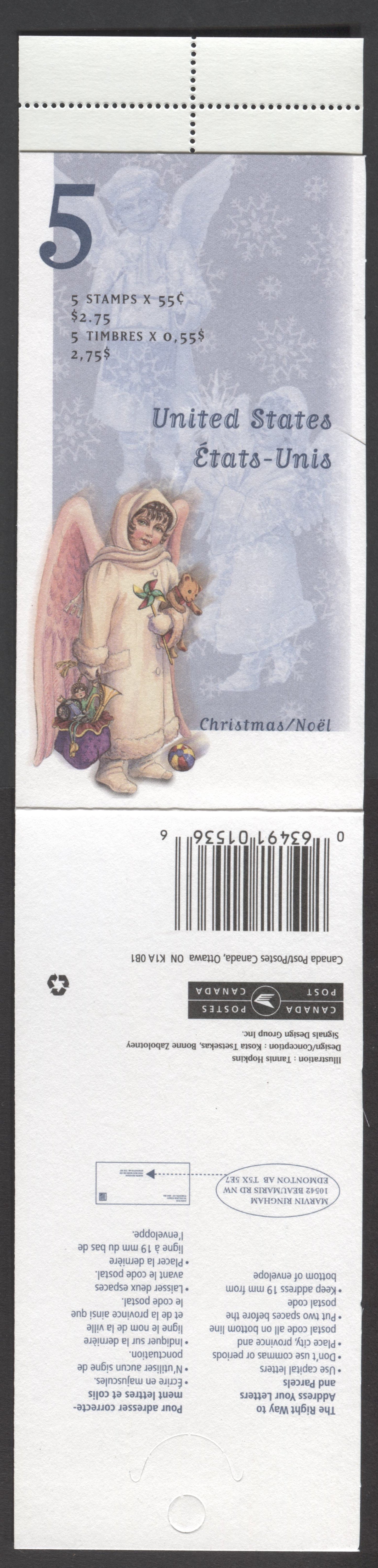Canada #BK223a 1999 Christmas Issue, Complete $2.75 Booklet, Tullis Russell Coatings Paper, Dead Paper, 4 mm GT-4 Tagging