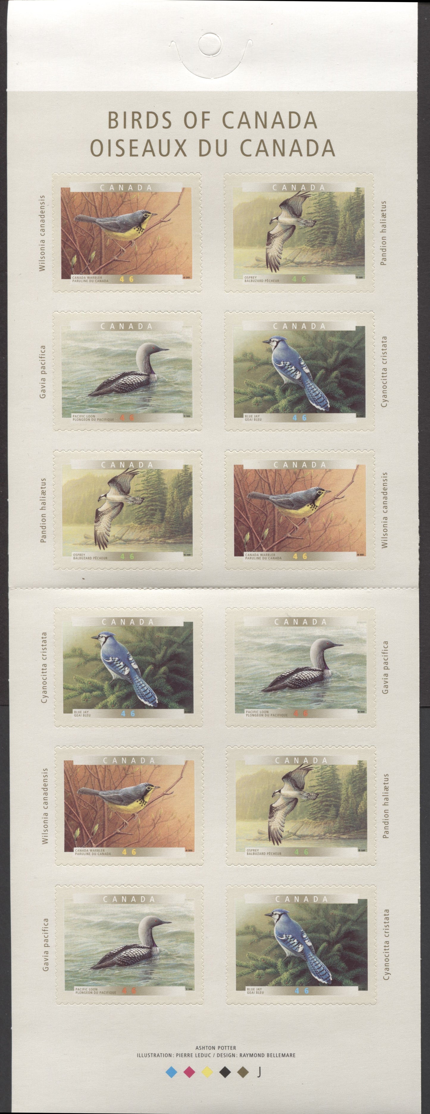 Canada #BK225a-b 2000 Birds of Canada Issue, Complete $5.52 Booklet, JAC Paper, Dead Paper, 4 mm GT-4 Tagging