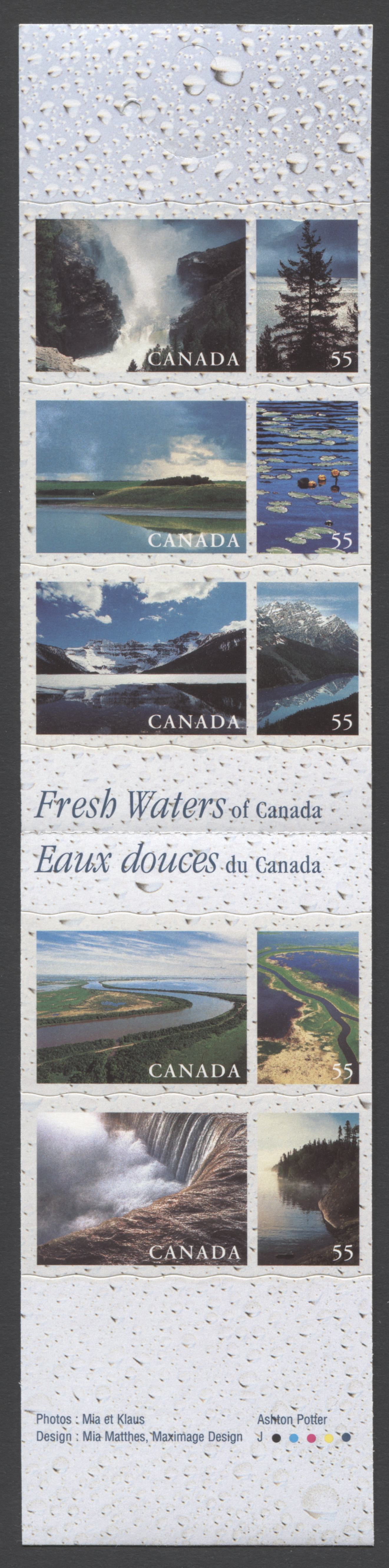 Canada #BK228a-b 2000 Fresh Waters of Canada Issue, Complete $2.75 Booklet, JAC Paper, Dead Paper, 4 mm GT-4 Tagging