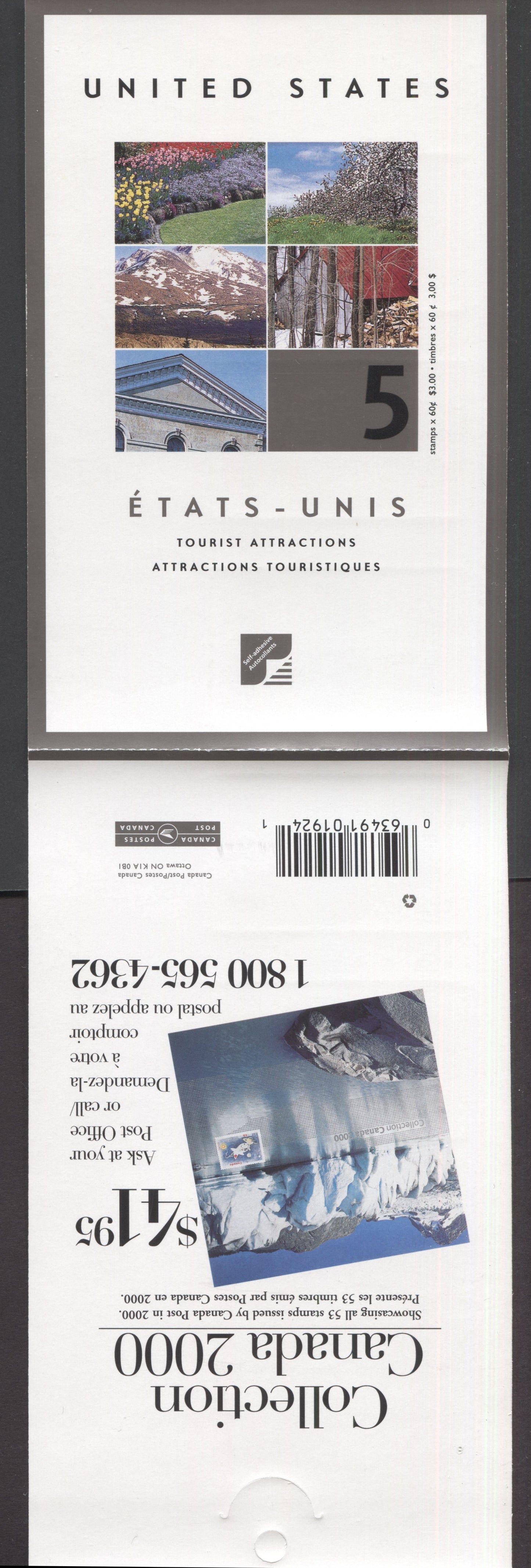Canada #BK243a-b 2001 Tourist Attractions Issue, Complete $3 Booklet, JAC Paper, Dead Paper, 4 mm GT-4 Tagging
