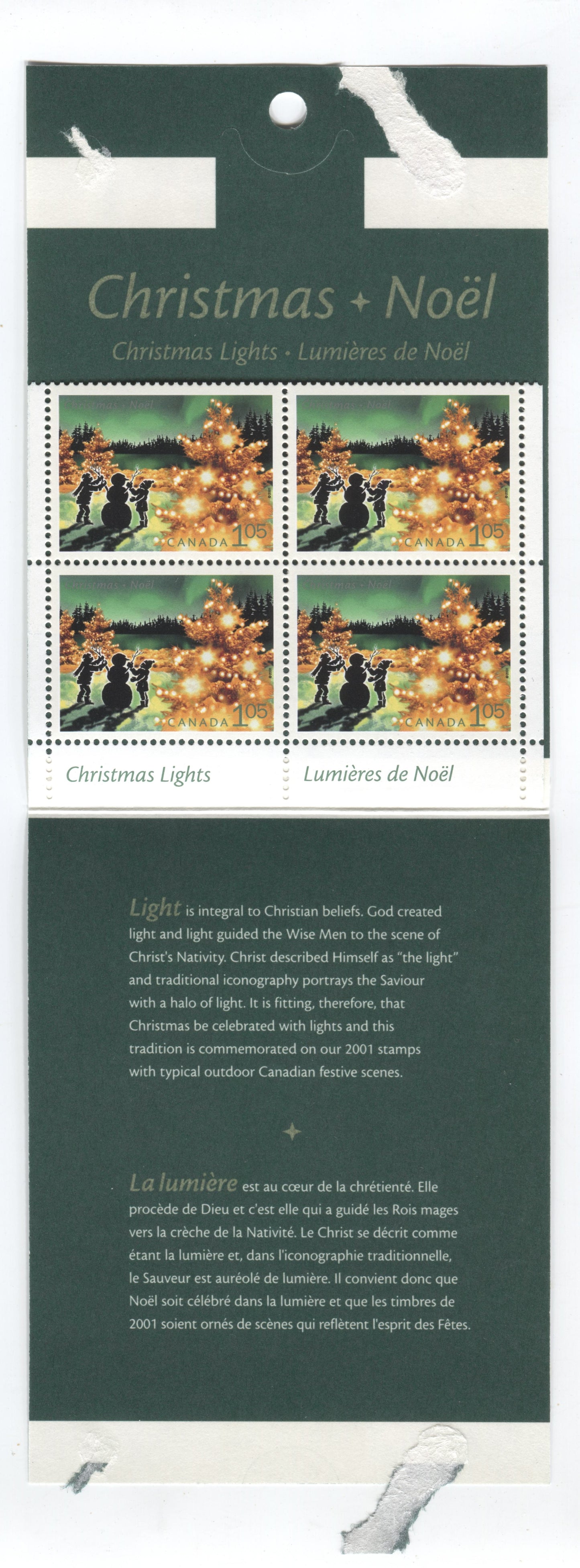 Canada #BK250a-b 2001 Christmas Issue, Complete $6.30 Booklet, Tullis Russell Coatings Paper, Dead Paper, 4 mm GT-4 Tagging