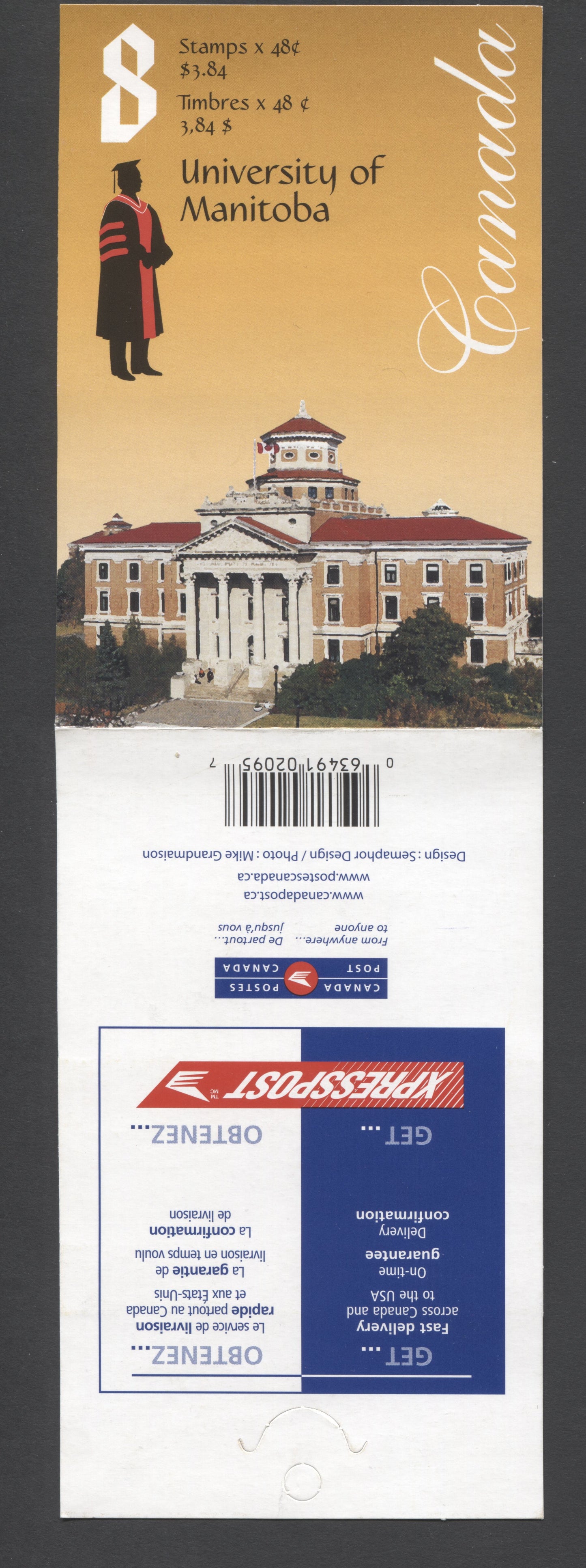 Canada #BK254a-b 2002 University of Manitoba Issue, Complete $3.84  Booklet, Tullis Russell Coatings Paper, Dead Paper, 4 mm GT-4 Tagging