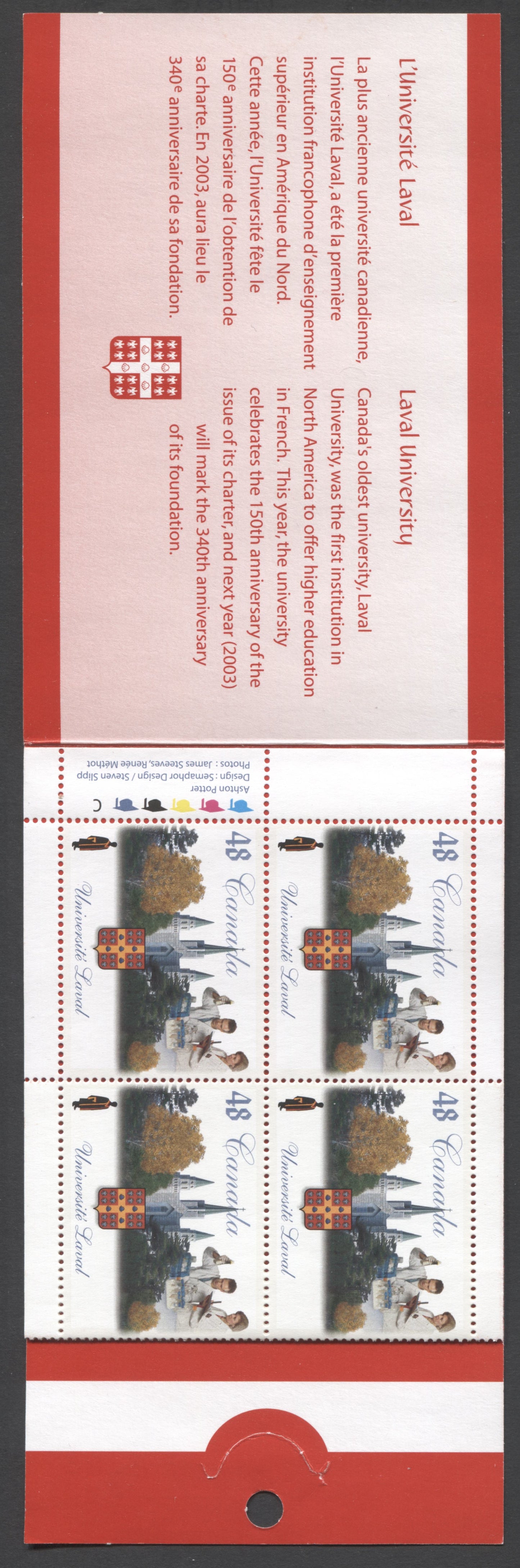 Canada #BK255a-b 2002 Laval University Issue, Complete $3.84 Booklet, Tullis Russell Coatings Paper, Dead Paper, 4 mm GT-4 Tagging