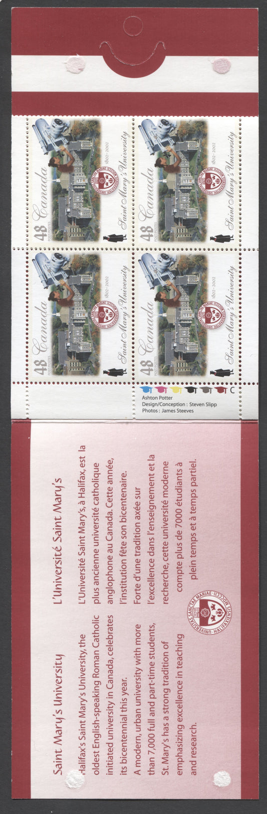 Canada #BK256a-b 2002 Trinity College Issue, Complete $3.84 Booklet, Tullis Russell Coatings Paper, Dead Paper, 4 mm GT-4 Tagging