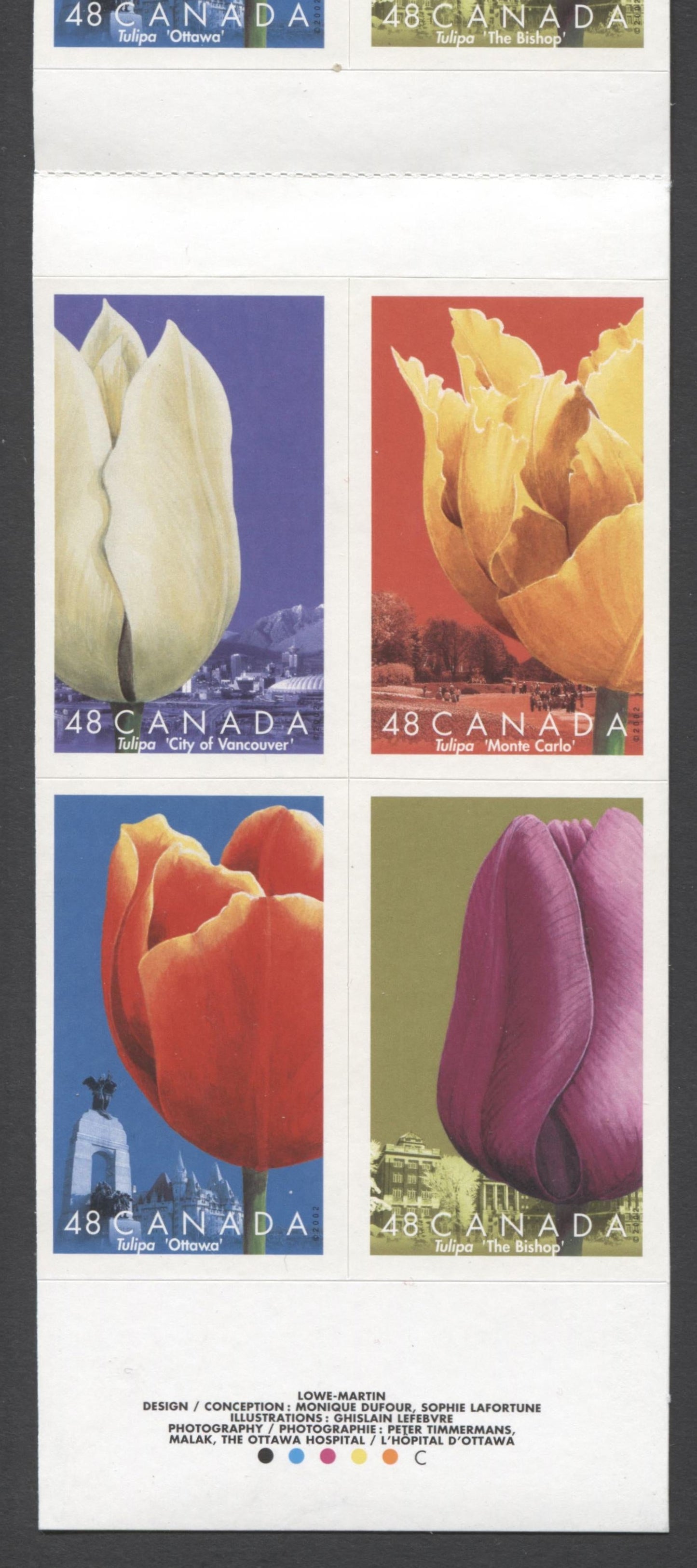 Canada #BK257a-b 2002 Tulips Issue, Complete $3.84 Booklet, Tullis Russell Coatings Paper, Dead Paper, 4 mm GT-4 Tagging