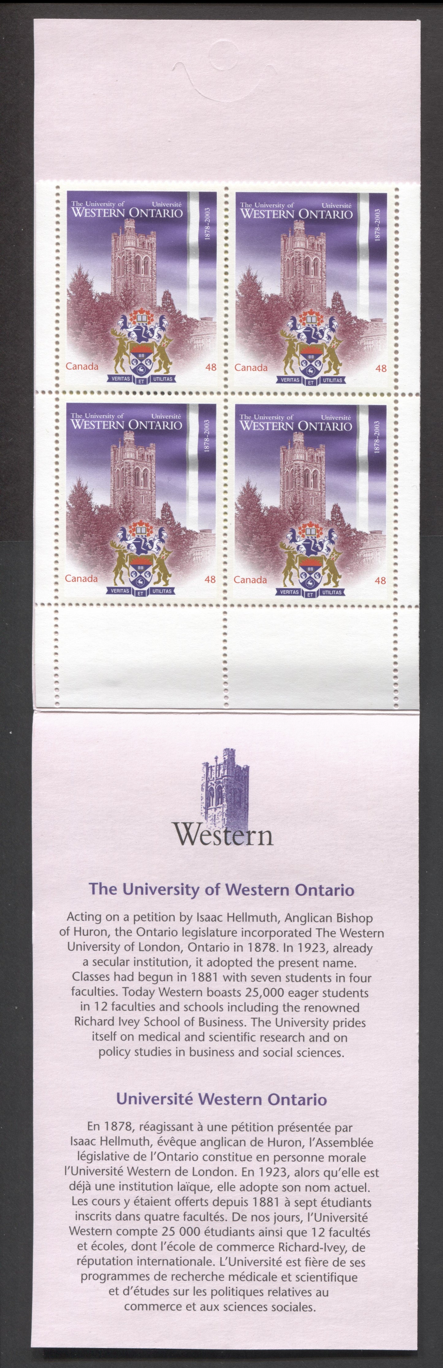 Canada #BK268a-b 2003 University of Western Ontario Issue, Complete $3.84 Booklet, Tullis Russell Coatings Paper, Dead Paper, 4 mm GT-4 Tagging