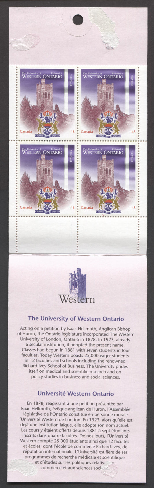 Canada #BK268a-b 2003 University of Western Ontario Issue, Complete $3.84 Booklet, Tullis Russell Coatings Paper, Dead Paper, 4 mm GT-4 Tagging