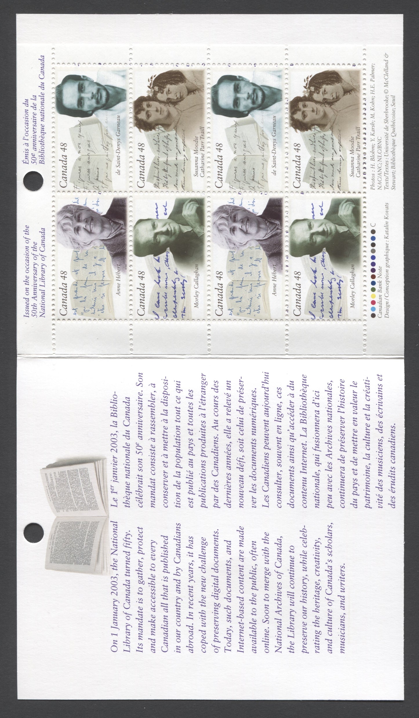 Canada #BK274a-b 2003 Canadian Authors Issue, Complete $3.84 Booklet, Tullis Russell Coatings Paper, Dead Paper, 4 mm GT-4 Tagging