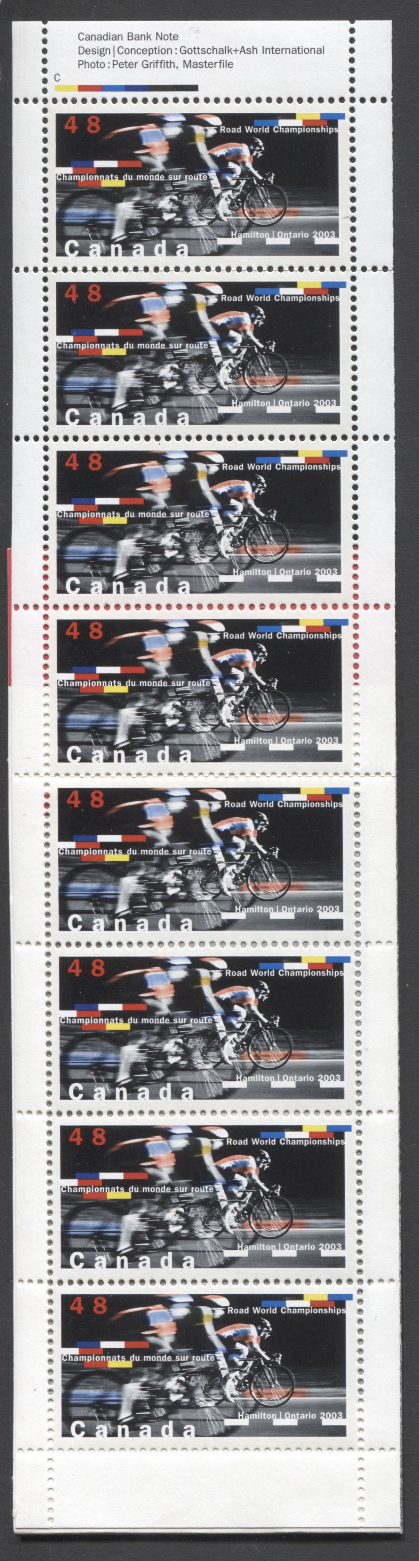 Canada #BK275a-b 2003 Road Cycling Issue, Complete $3.84 Booklet, Tullis Russell Coatings Paper, Dead Paper, 4 mm GT-4 Tagging