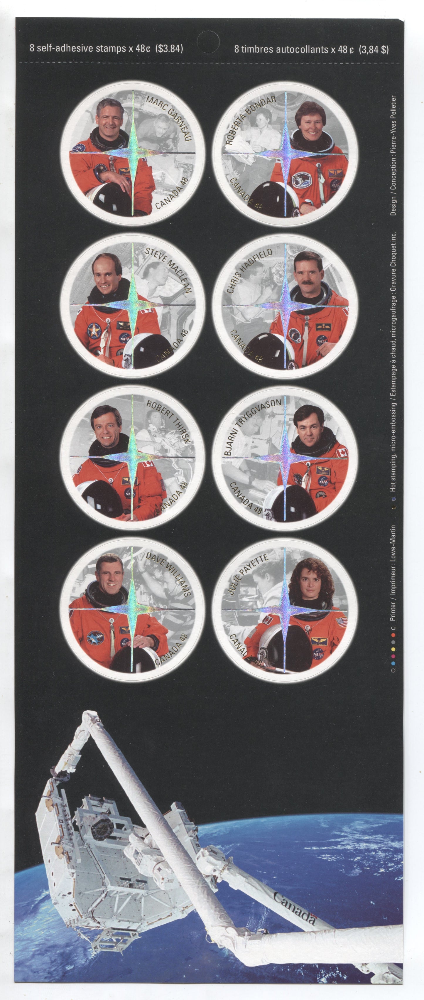 Canada #BK276 2003 Canadian Astronauts Issue, Complete $3.84 Booklet, Tullis Russell Coatings Paper, Dead Paper, 4 mm GT Tagged to Shape