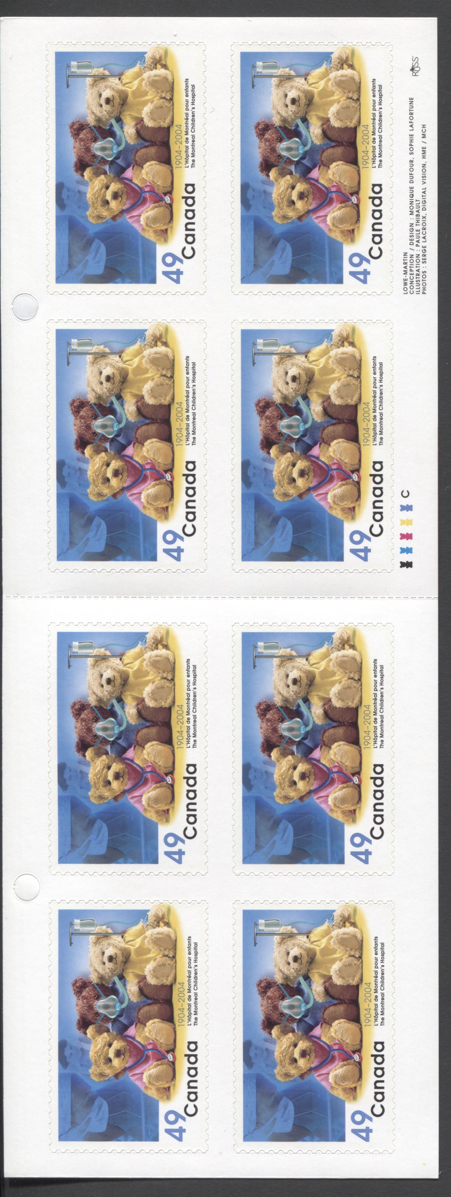 Canada #BK290 2004 Montreal Children's Hospital Issue, Complete $3.92 Booklet, Tullis Russell Coatings Paper, Dead Paper, 4 mm GT-4 Tagging