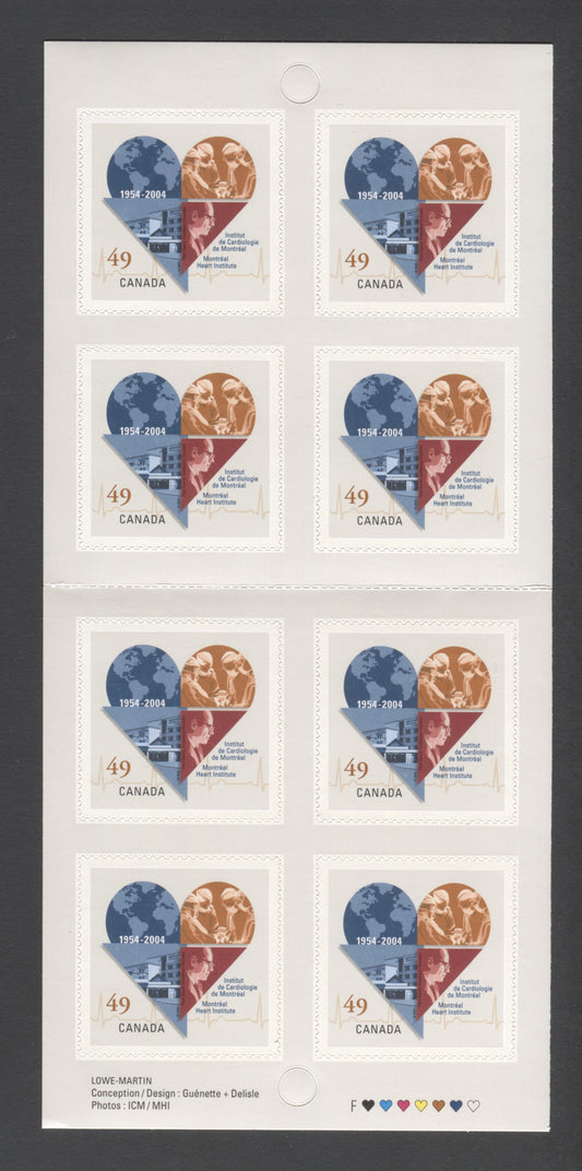 Canada #BK296 2004 Montreal Heart Institute Issue, Complete $3.92 Booklet, Fasson Paper, Dead Paper, 4 mm GT-4 Tagging