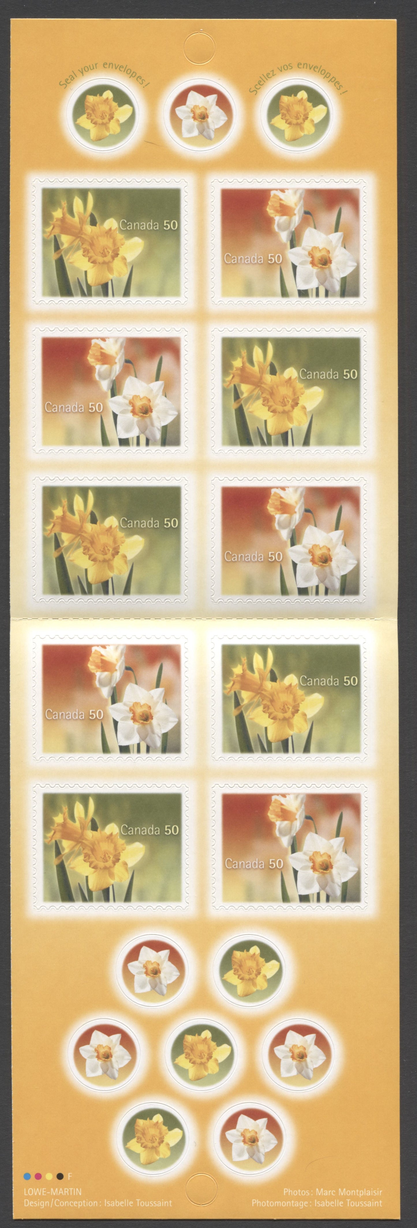 Canada #BK308 2005 Daffodils Issue, Complete $5 Booklet, Fasson Paper, Dead Paper, 4 mm GT-4 Tagging