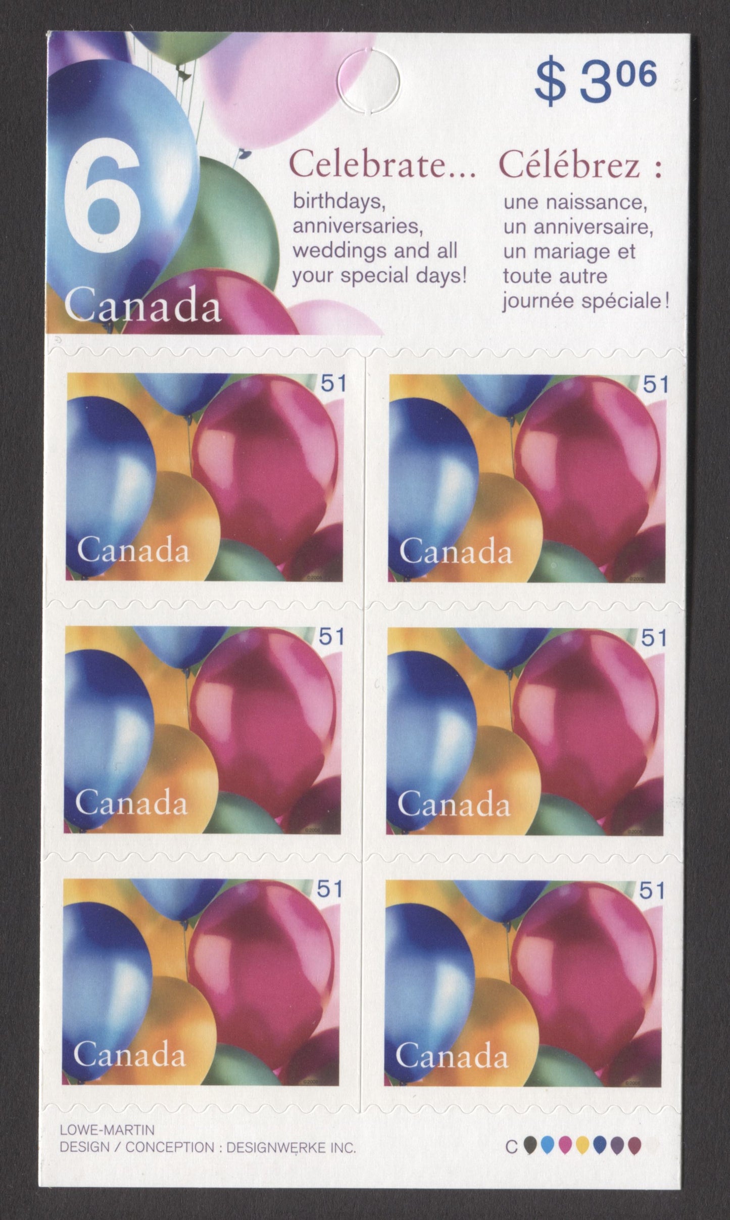 Canada #BK323 2006 Birthdays Issue, Complete $3.06  Booklet, Tullis Russell Coatings Paper, Dead Paper, 4 mm GT-4 Tagging