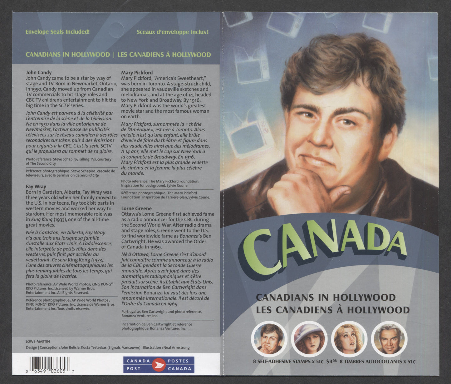 Canada #BK326 2006 Canadians in Hollywood Issue, Complete $4.08 Booklet, Tullis Russell Coatings Paper, Dead Paper, 4 mm GT-4 Tagging