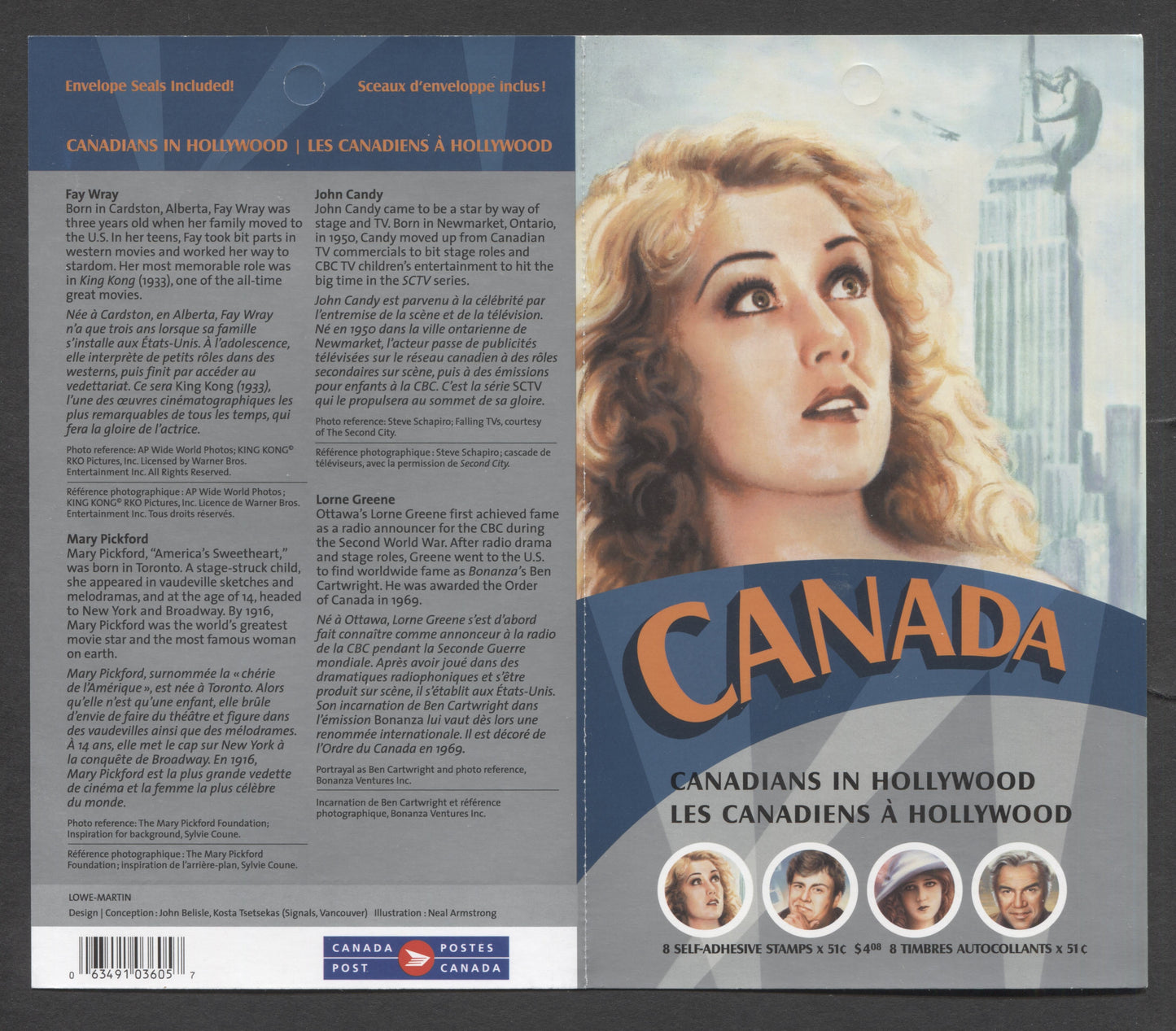 Canada #BK327 2006 Canadians in Hollywood Issue, Complete $4.08 Booklet, Tullis Russell Coatings Paper, Dead Paper, 4 mm GT-4 Tagging