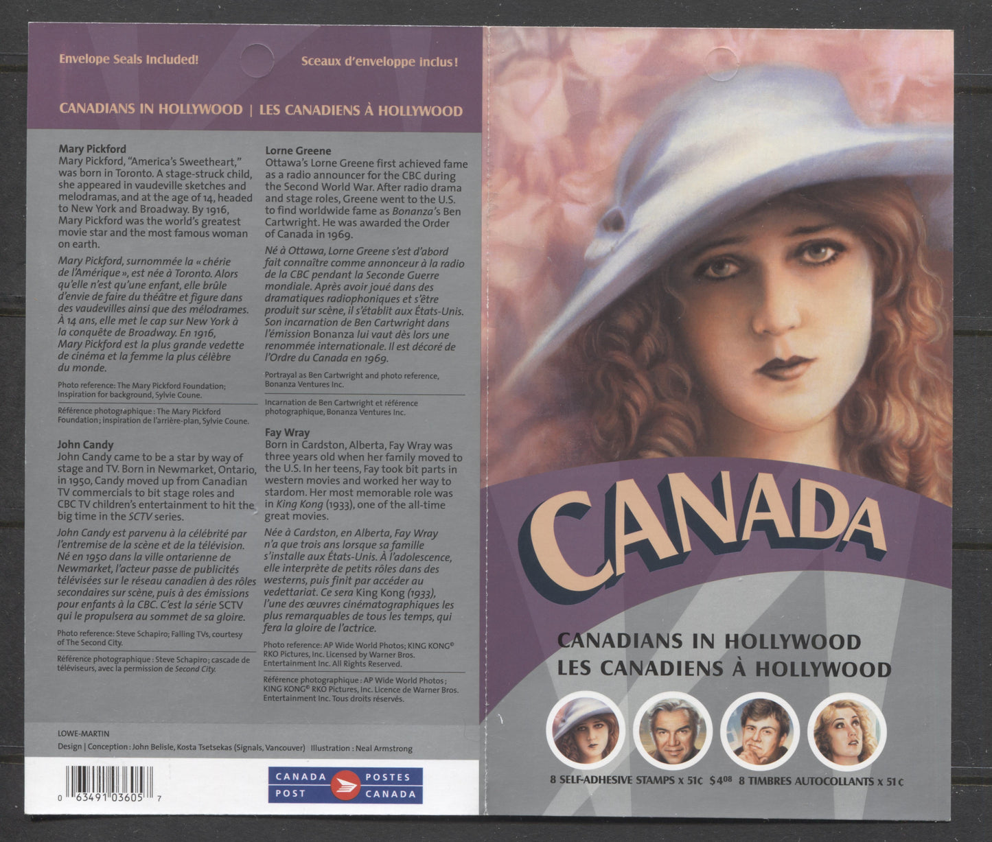Canada #BK329 2006 Canadians in Hollywood Issue, Complete $4.08 Booklet, Tullis Russell Coatings Paper, Dead Paper, 4 mm GT-4 Tagging