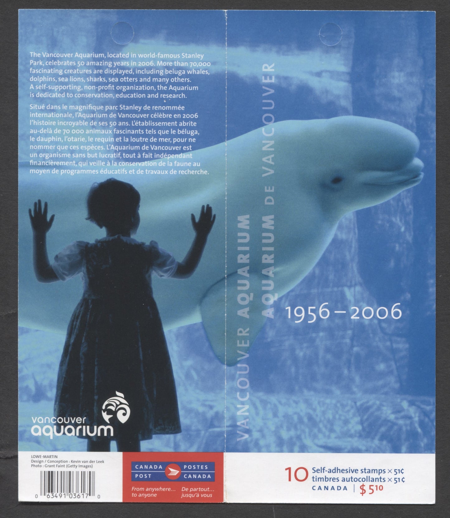 Canada #BK330 2006 Vancouver Aquarium Issue, Complete $5.10 Booklet, Tullis Russell Coatings Paper, Dead Paper, 4 mm GT-4 Tagging