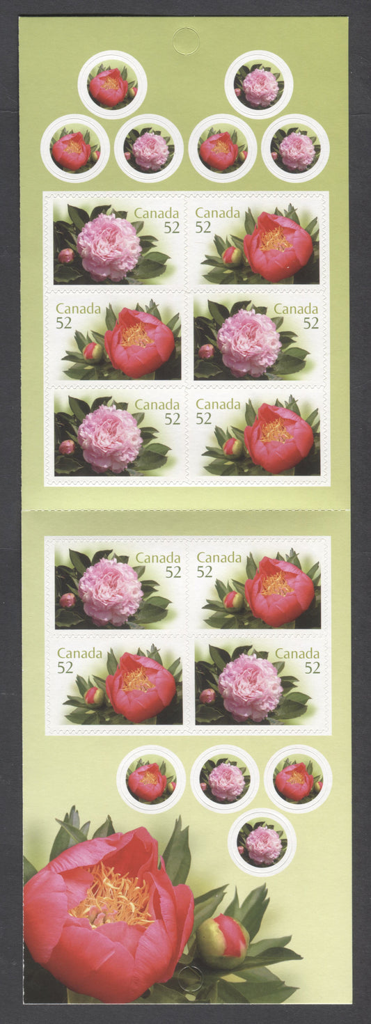 Canada #BK369 2008 Peonies Issue, Complete $5.20 Booklet, Tullis Russell Coatings Paper, Dead Paper, 4 mm GT-4 Tagging