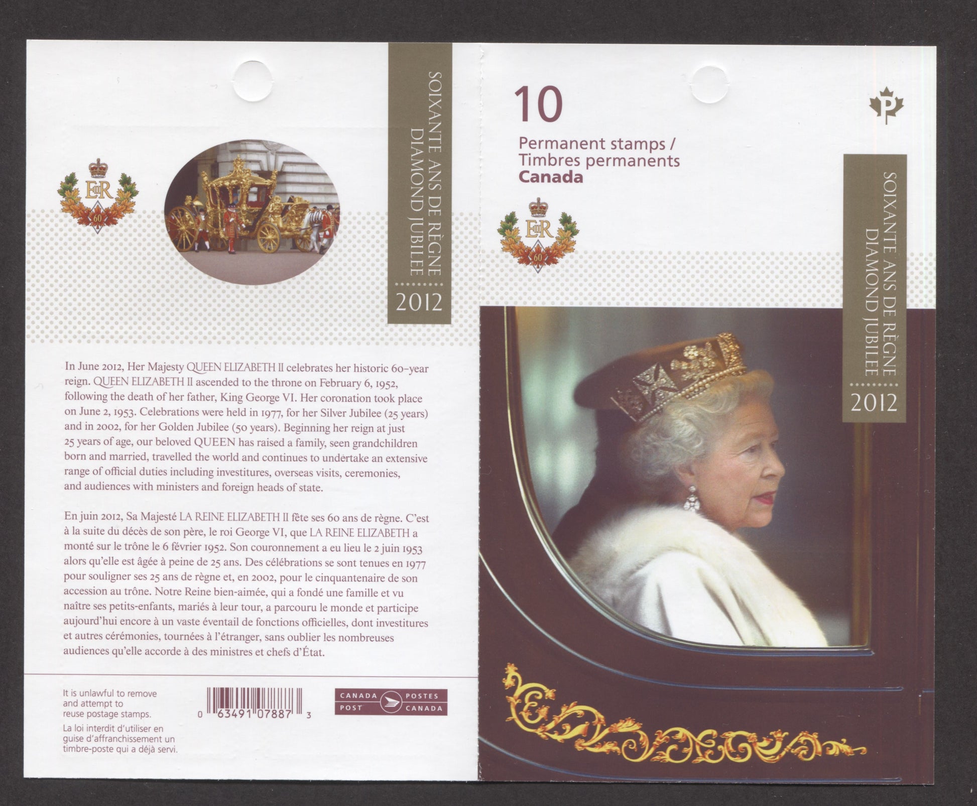 Canada #BK479 (SG #SB446) 2012 Queen Elizabeth II Diamond Jubilee Issue, Complete $6.1  Booklet, Front Cover