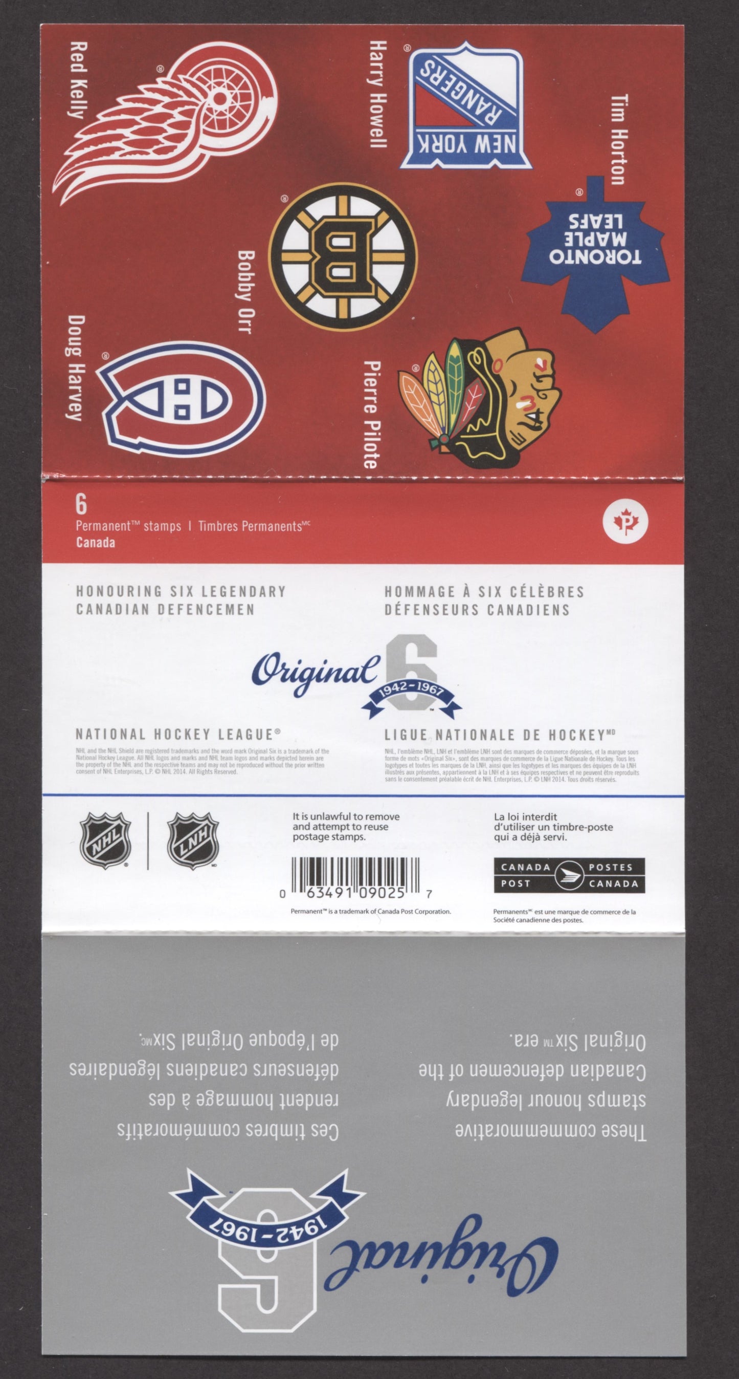 Canada #BK604 (SG #SB552) 2014 Original Six Issue, Complete $8.5  Booklet, Front Cover