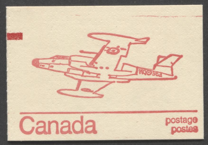 Lot 55 Canada McCann #BK74lvar 1972-1978 Caricature Issue, A Complete 25c Counter Booklet, MF CF-100 Canuck Cover, Clear Sealer, DF 70 mm Pane