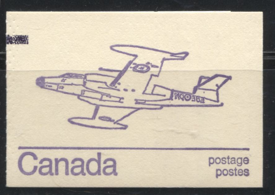 Lot 80 Canada McCann #BK76jvar 1972-1978 Caricature Issue, A Complete 50c Counter Booklet, HF CF-100 Canuck Cover, Clear Sealer, DF-fl 108-109 mm Pane, Extra Hairline Tag Bars