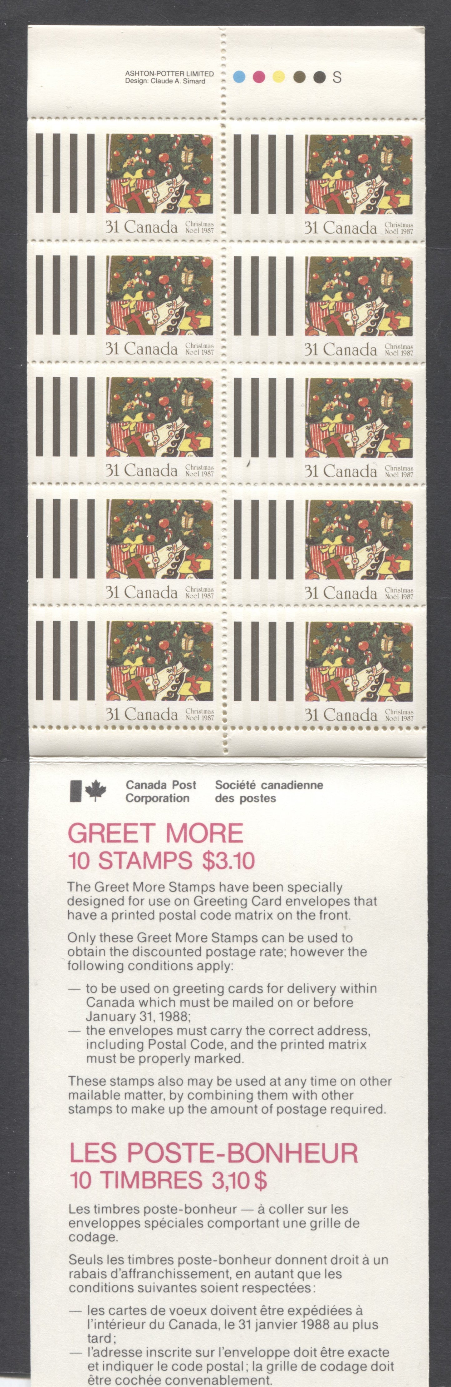 Canada #BK95a-c (SG #SB103) 1987 Christmas Issue, Complete $3.1  Booklet, Front Cover