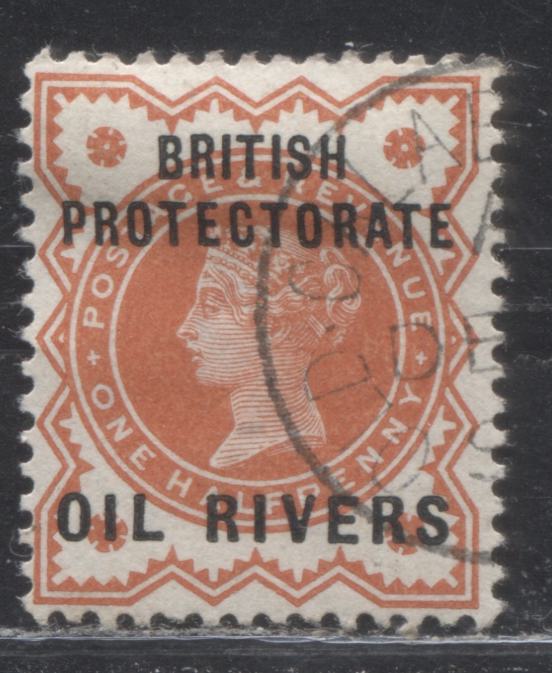 Lot 361 Niger Coast Protectorate SG#1 1/2d Vermilion Queen Victoria, A Very Fine Used Example of the Type 3 Oil Rivers Overprint, Black Old Calabar CDS Cancel, 2022 Scott Classic Cat. $13 USD