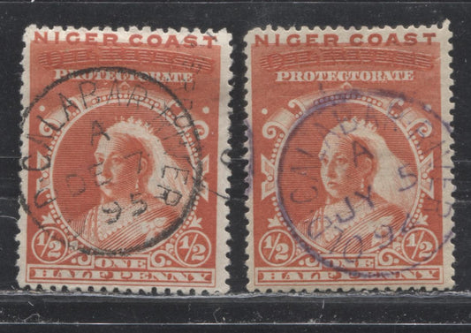 Niger Coast Protectorate SG#45 1/2d Vermilion Queen Victoria, 1893 Obliterated "Oil Rivers" Issue, Very Fine Used Examples of the 2nd and 3rd Printings