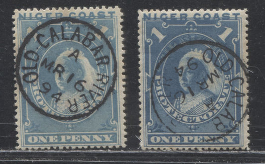 Niger Coast Protectorate SG#46, 46b 1d Blue & 1d Dull Blue Queen Victoria, 1893 Obliterated "Oil Rivers" Issue, Fine and VF Used Examples of the 2nd and 3rd Printings