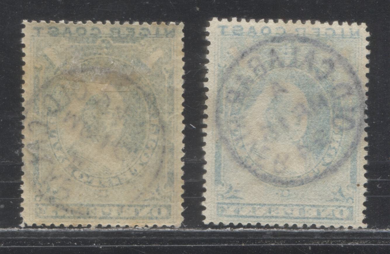 Niger Coast Protectorate SG#46, 46b 1d Blue & 1d Dull Blue Queen Victoria, 1893 Obliterated "Oil Rivers" Issue, Fine and VF Used Examples of the 2nd and 3rd Printings