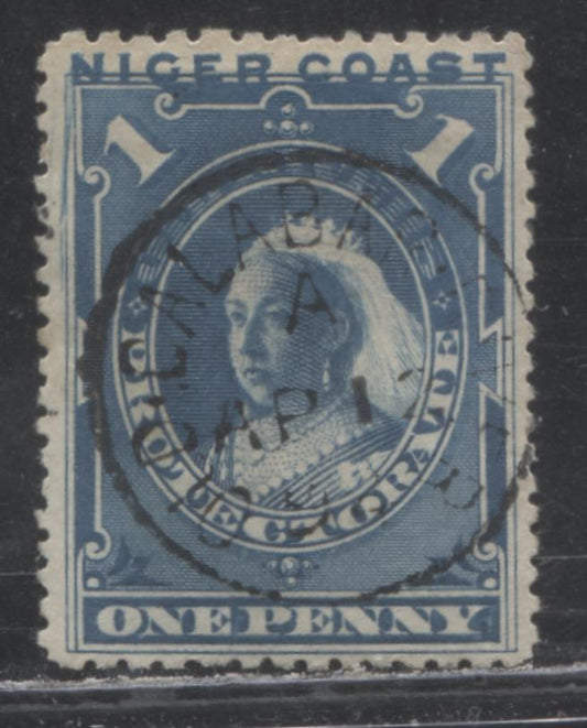Niger Coast Protectorate SG#46d 1d Blue Queen Victoria, 1893 Obliterated "Oil Rivers" Issue, A Very Fine Used Example of the 2nd Printing With the Scarce Perf. 12.5 x 14 and Engraver's Slip