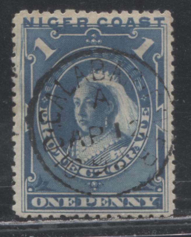 Niger Coast Protectorate SG#46d 1d Blue Queen Victoria, 1893 Obliterated "Oil Rivers" Issue, A Very Fine Used Example of the 2nd Printing With the Scarce Perf. 12.5 x 14 and Engraver's Slip