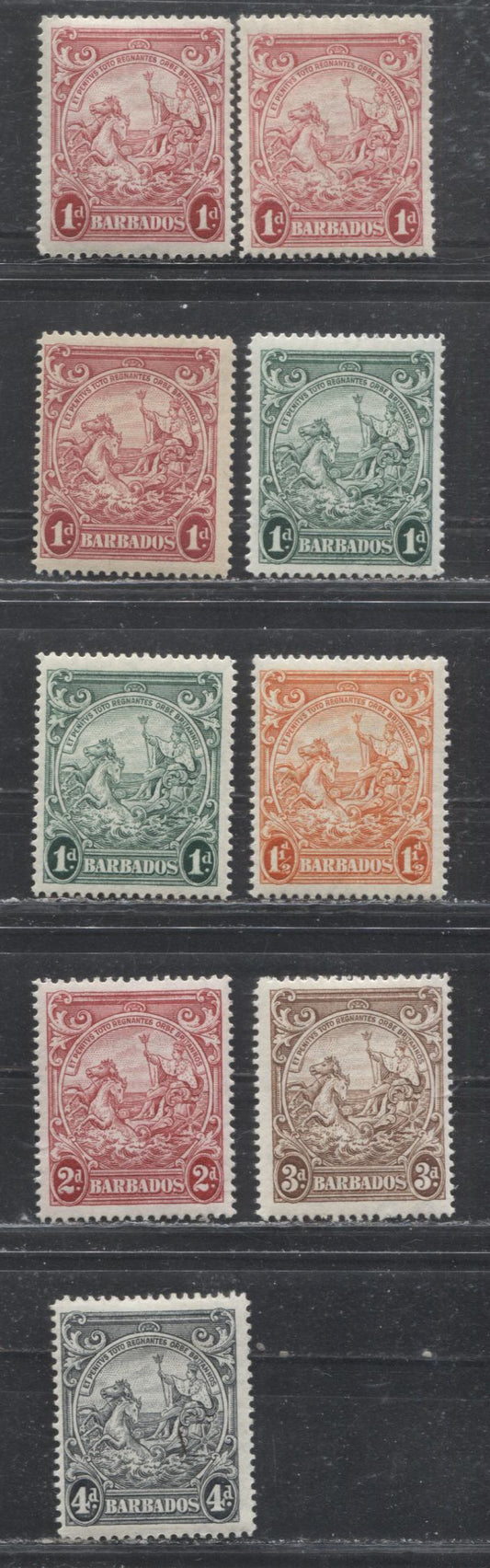 Barbados SG#248b-253d 1938-1947 Badge of the Colony Definitive Issue, a F/VF LH Complete Set of the Perf. 14 Printings, Including Extra Printings of the 1d Carmine Red